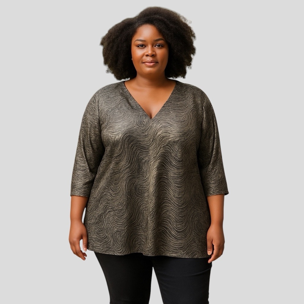 Encore Vintage Women’s Metallic Swirl V-Neck Black Silver  Blouse Size 2X